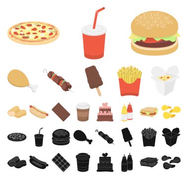 Fast food çizgi film, siyah set koleksiyonu tasarım için simgeler. Yarı bitmiş ürünler gıdalardan sembol stok web illüstrasyon vektör.