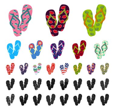 Parmak arası terlik karikatür, set koleksiyonu tasarım için siyah simgeler. Beach Ayakkabı sembol stok web illüstrasyon vektör.