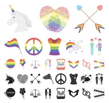 Set koleksiyonu tasarım için gay ve lezbiyen çizgi film, siyah simgeler. Cinsel azınlık ve öznitelikleri sembol stok web illüstrasyon vektör.