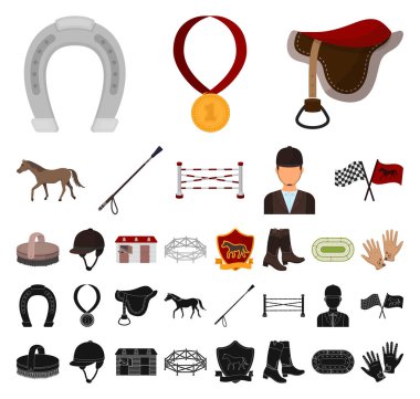 Hipodrom ve at çizgi film, siyah set koleksiyonu tasarım için simgeler. Sembol stok web illüstrasyon vektör at yarışı ve ekipman.