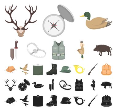 Set koleksiyonu tasarım için avcılık ve kupa çizgi film, siyah simgeler. Avcılık ve ekipman sembol stok web illüstrasyon vektör.