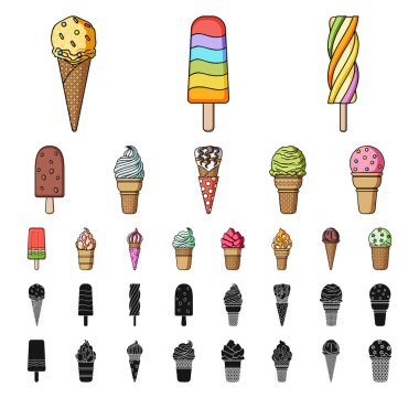 Set koleksiyonu tasarım için farklı dondurma çizgi film, siyah simgeler. Tatlı ve tatlılık sembol stok web illüstrasyon vektör.