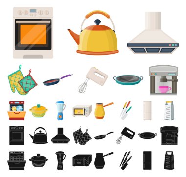 Set koleksiyonu tasarım için mutfak ekipman çizgi film, siyah simgeler. Sembol stok web illüstrasyon vektör mutfak ve aksesuarları.