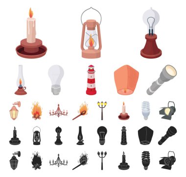 Set koleksiyonu tasarım için ışık kaynağı çizgi film, siyah simgeler. Işık ve ekipman sembol stok web illüstrasyon vektör.