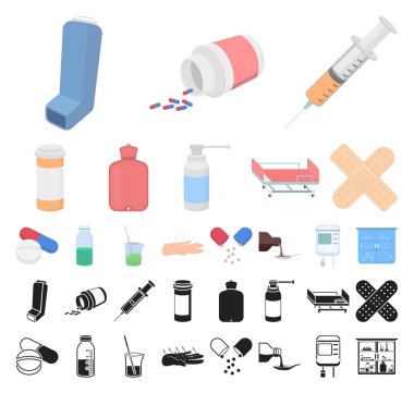 Set koleksiyonu tasarım için ilaç ve tedavi çizgi film, siyah simgeler. Tıp ve ekipman sembol stok web illüstrasyon vektör.