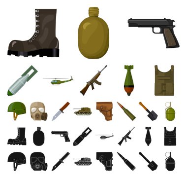 Set koleksiyonu tasarım için ordu ve donatma çizgi film, siyah simgeler. Silah ve teçhizat sembol stok web illüstrasyon vektör.