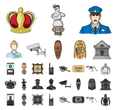 Set koleksiyonu tasarım için müze ve Galeri çizgi film, siyah simgeler. Depolama ve serginin görülmeye değer parça sembol stok web illüstrasyon vektör.