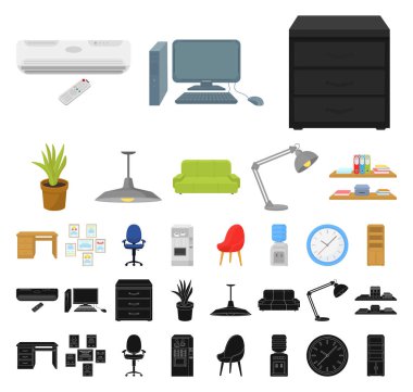 Set koleksiyonu tasarım için işyeri çizgi film, siyah simgeler iç. Ofis mobilya vektör simge stok web çizim.