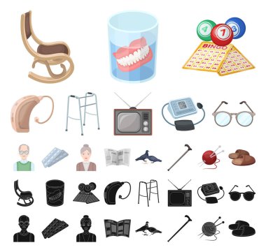 İnsan yaşlılık çizgi film, siyah set koleksiyonu tasarım için simgeler. Emekli, hayat vektör simge stok web resimde nokta.