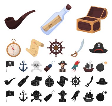 Korsan, deniz hırsız çizgi film, set koleksiyonu tasarım için siyah simgeler. Hazineler, öznitelikleri sembol stok web illüstrasyon vektör.