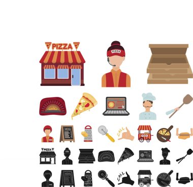Set koleksiyonu tasarım için pizza ve pizza çizgi film, siyah simgeler. Personel ve ekipman sembol stok web illüstrasyon vektör.