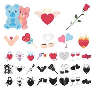 Set koleksiyonu tasarım için romantik ilişki çizgi film, siyah simgeler. Sevgi ve dostluk sembolü hisse senedi web illüstrasyon vektör.