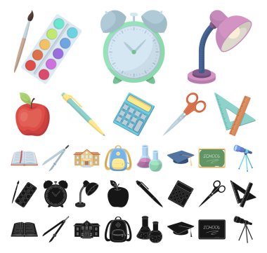 Set koleksiyonu tasarım için okul ve eğitim çizgi film, siyah simgeler. Üniversite, ekipman ve aksesuarları sembol stok web illüstrasyon vektör.