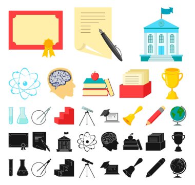 Set koleksiyonu tasarım için okul ve eğitim çizgi film, siyah simgeler. Üniversite, ekipman ve aksesuarları sembol stok web illüstrasyon vektör.