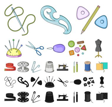 Dikiş, atelier çizgi film, set koleksiyonu tasarım için siyah simgeler. Araç kiti vektör simge stok web çizim.