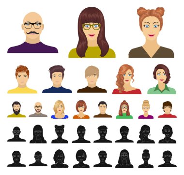 Set koleksiyonu tasarım için avatar ve yüz çizgi film, siyah simgeler. Bir kişi görünümü vektör simge stok web çizim.