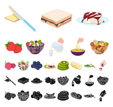 Set koleksiyonu tasarım için tatlı kokulu çizgi film, siyah simgeler. Sembol stok web illüstrasyon vektör yiyecek ve tatlılık.