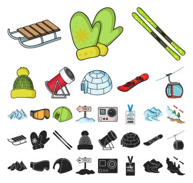 Set koleksiyonu tasarım için Ski resort ve ekipman çizgi film, siyah simgeler. Eğlence ve rekreasyon sembol stok web illüstrasyon vektör.