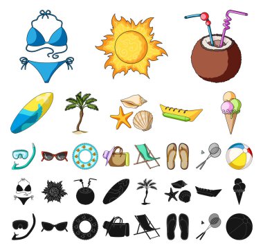 Set koleksiyonu tasarım için yaz dinlenme çizgi film, siyah simgeler. Beach aksesuar vektör simge stok çizim.