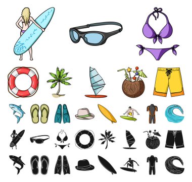 Set koleksiyonu tasarım için sörf ve aşırı çizgi film, siyah simgeler. Sembol stok web illüstrasyon vektör sörfçü ve aksesuarları.