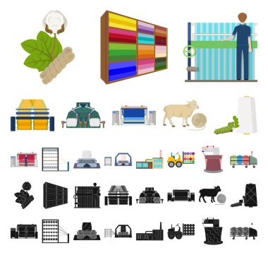 Set koleksiyonu tasarım için Tekstil Sanayi çizgi film, siyah simgeler. Sembol stok web illüstrasyon vektör Tekstil ekipman ve kumaşlar.