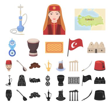 Türkiye'nin ülke çizgi film, siyah simgeler set koleksiyonu tasarım için. Sembol stok web illüstrasyon vektör seyahat ve konumlar.