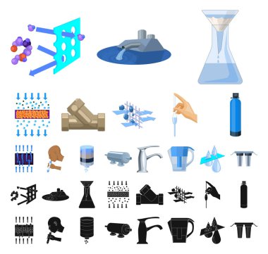 Su filtrasyon sistemi çizgi film, set koleksiyonu tasarım için siyah simgeler. Temizlik ekipmanları vektör simge stok web çizim.