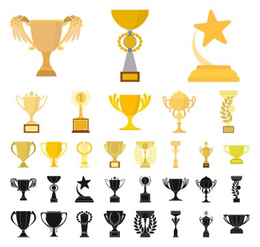 Set koleksiyonu tasarım için Gold Cup çizgi film, siyah simgeler. Kazananlar Kupası vektör simge stok web çizim.