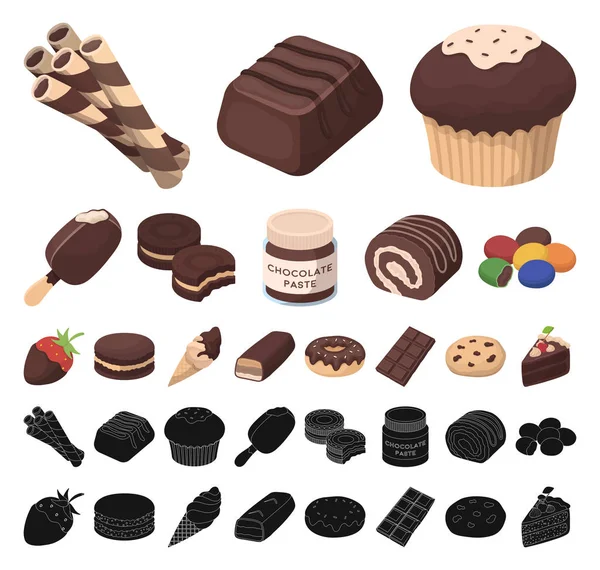 Desenhos animados de sobremesa de chocolate, ícones pretos na coleção de conjuntos para design. Chocolate e doces símbolo vetorial ilustração web stock . — Vetor de Stock