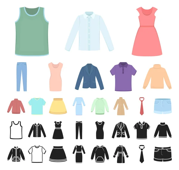 Olika typer av kläder tecknad, svart ikoner i set samling för design. Kläder och stil vektor symbol lager web illustration. — Stock vektor