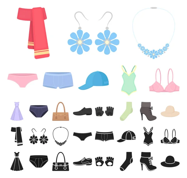 Kleding en accessoires tekenfilm, zwarte pictogrammen in set collectie voor design. Schoenen en decoratie vector symbool voorraad web illustratie. — Stockvector