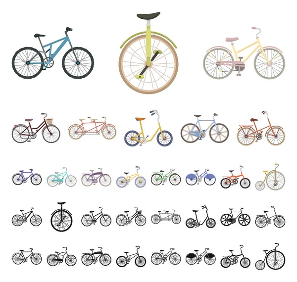 Vários desenhos animados de bicicletas, ícones pretos na coleção de conjuntos para design. O tipo de transporte vetor símbolo web ilustração . —  Vetores de Stock