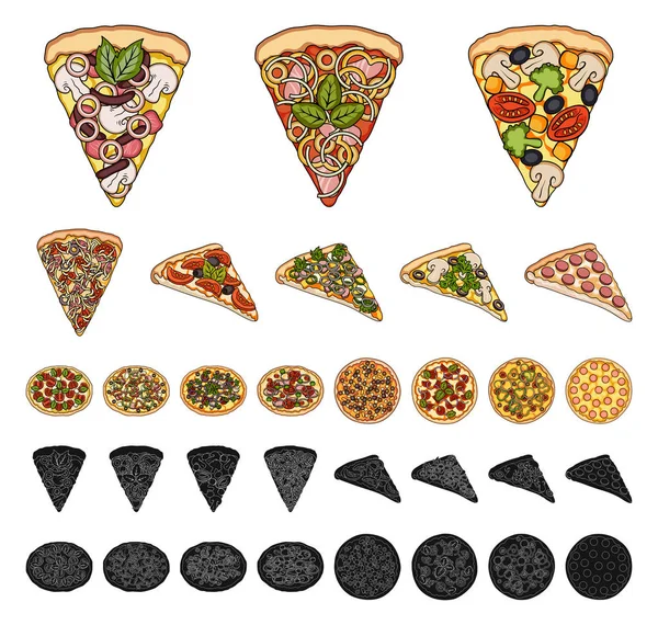 Kreskówka, czarny pizzy różnych ikon w kolekcja zestaw do projektowania. Pizza jedzenie wektorowego symbol zasobów sieci web. — Wektor stockowy