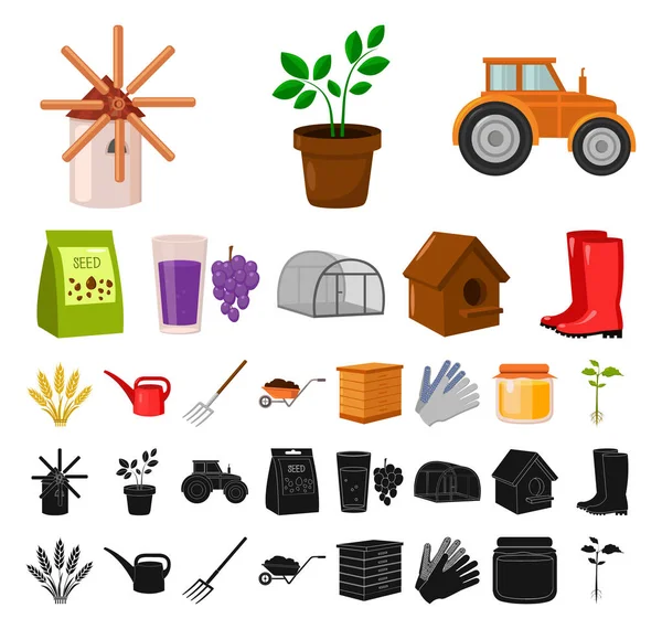 Granja y jardinería de dibujos animados, iconos negros en la colección de conjuntos para el diseño. Granja y equipo vector símbolo stock web ilustración . — Vector de stock