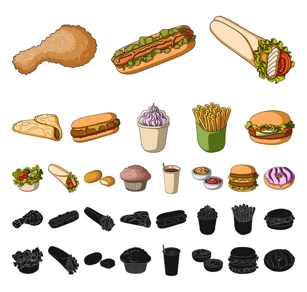 Fast food kreslený, černé ikony v kolekce sady pro design. Potraviny z polotovarů vektorové ilustrace symbolů akcií web. — Stockový vektor
