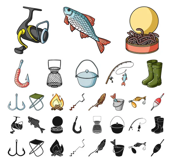 Angeln und Erholung Cartoon, schwarze Ikonen in Set-Kollektion für Design. Gerät für Fischerei Vektor Symbol Lager Web-Illustration. — Stockvektor