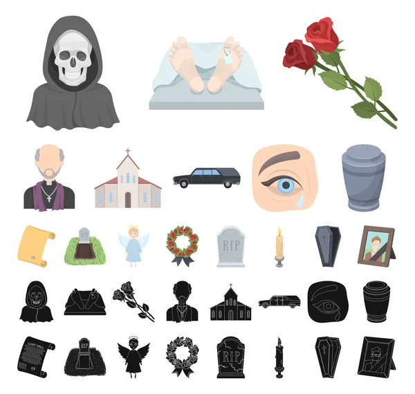 Desenhos animados de cerimônia funerária, ícones pretos na coleção de conjuntos para design. Funerais e Atributos símbolo vetorial ilustração web . — Vetor de Stock