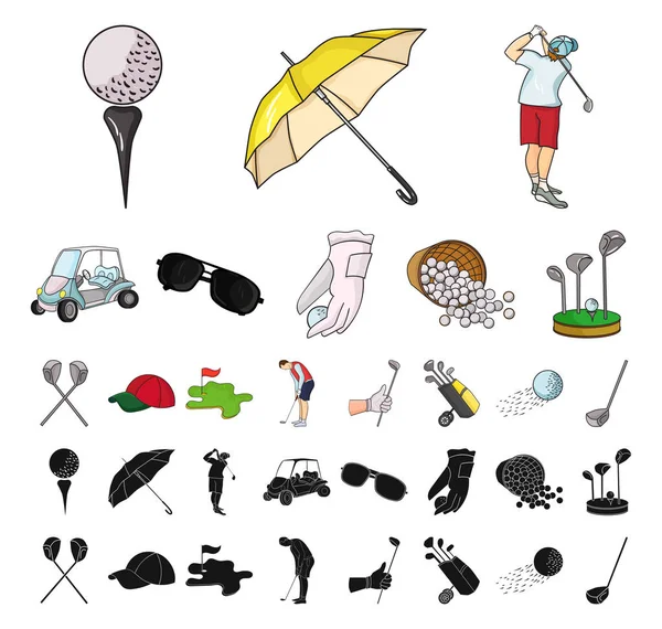 Golf and attributes cartoon, black icons in set collection for design.Golf Club and equipment vector symbol stock web illustration. — Stock Vector