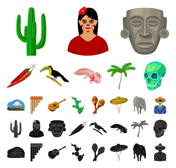Land Mexico tekenfilm, zwarte pictogrammen in set collectie voor design. Mexico en mijlpaal symbool voorraad web vectorillustratie. — Stockvector