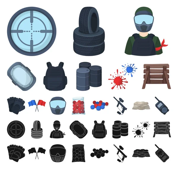 Пейнтбол, мультипликация командной игры, черные иконки в коллекции наборов для дизайна. Иллюстрация векторных символов оборудования и снаряжения . — стоковый вектор