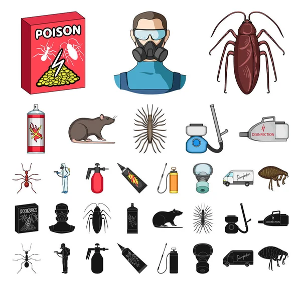 Pešť, jed, personálu a vybavení kreslené vtipy, černé ikony v nastavení kolekce pro design. Pest control služby vektor symbol akcií web ilustrace. — Stockový vektor