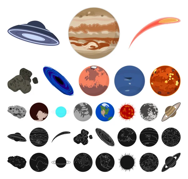 Planetas del sistema solar de dibujos animados, iconos negros en la colección de conjuntos para el diseño. Cosmos y astronomía vector símbolo stock web ilustración . — Archivo Imágenes Vectoriales