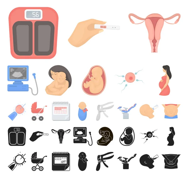 Femme et dessin animé de grossesse, icônes noires dans la collection set pour le design. Gynécologie et équipement symbole vectoriel stock web illustration . — Image vectorielle