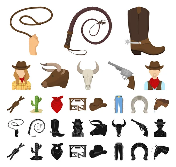 Rodeo, verseny rajzfilm, fekete ikonok beállítása gyűjtemény a design. Cowboy és berendezések vektor szimbólum állomány honlap illusztráció. — Stock Vector