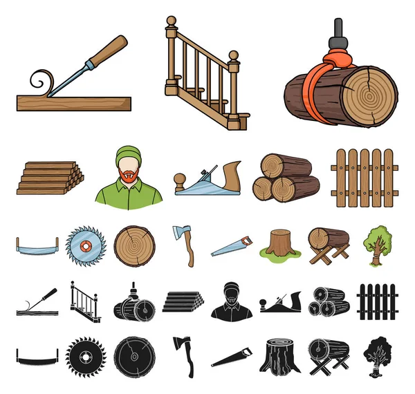 Scierie et dessin animé en bois, icônes noires dans la collection set pour le design. Matériel et outils symbole vectoriel stock illustration web . — Image vectorielle