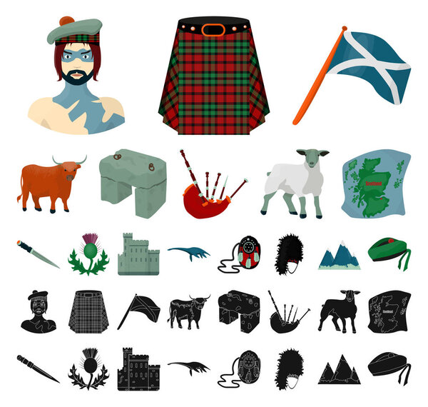 Country Scotland cartoon, black icons in set collection for design. Sightseeing, culture and tradition vector symbol stock web illustration.