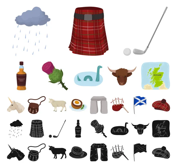 País Escócia desenho animado, ícones pretos na coleção de conjuntos de design. Visitas guiadas, cultura e tradição símbolo vetorial ilustração web . — Vetor de Stock