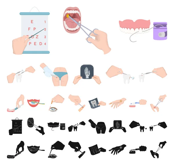 Manipulación por manos de dibujos animados, iconos negros en la colección de conjuntos para el diseño. Movimiento de la mano en medicina vector símbolo stock web ilustración . — Vector de stock