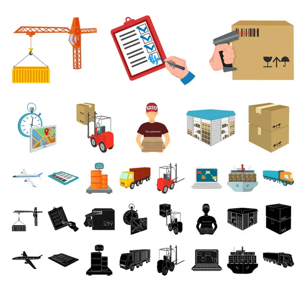 Logistics and delivery cartoon, black icons in set collection for design. Transport and equipment isometric vector symbol stock web illustration. — Stock Vector
