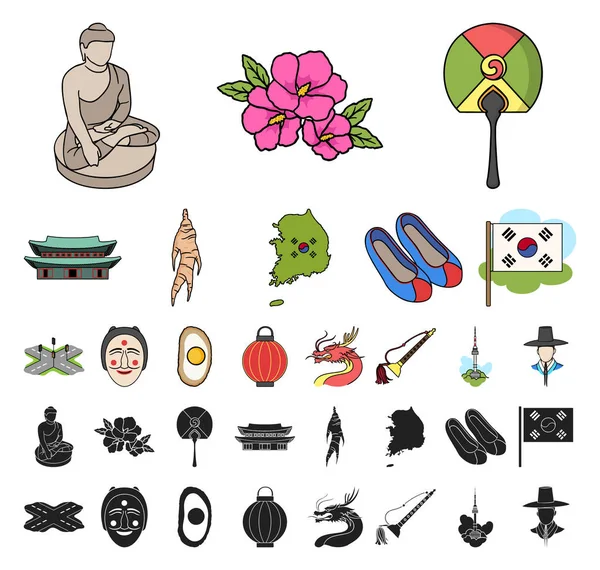 País Corea del Sur dibujos animados, iconos negros en la colección de conjuntos para design.Travel y atracción vector símbolo stock web ilustración . — Vector de stock